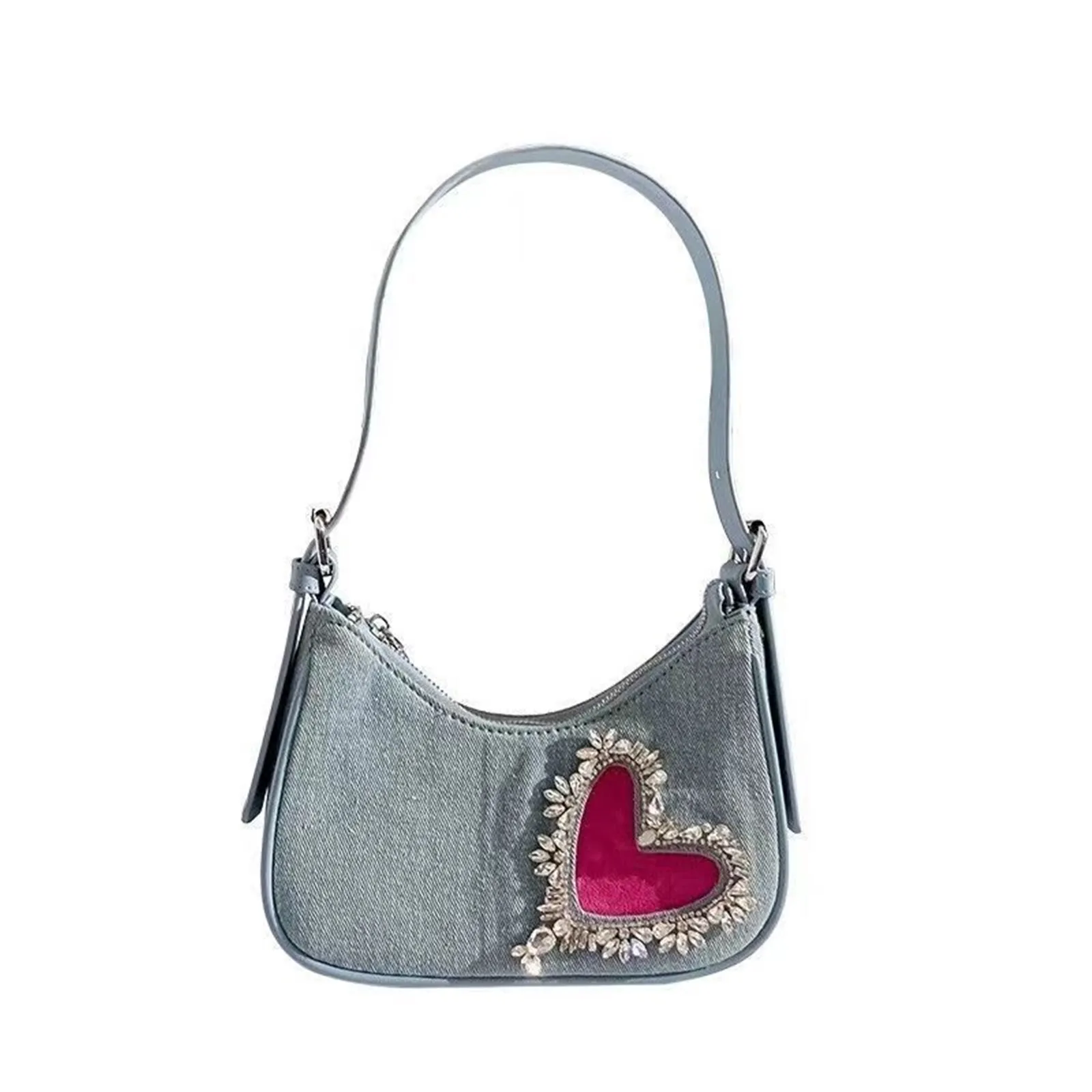 Shiny Heart Shaped Rhinestones Denim Shoulder Bags Fashion Luxury Designer Women's Underarm Bag Handbags Purses Evening Bags