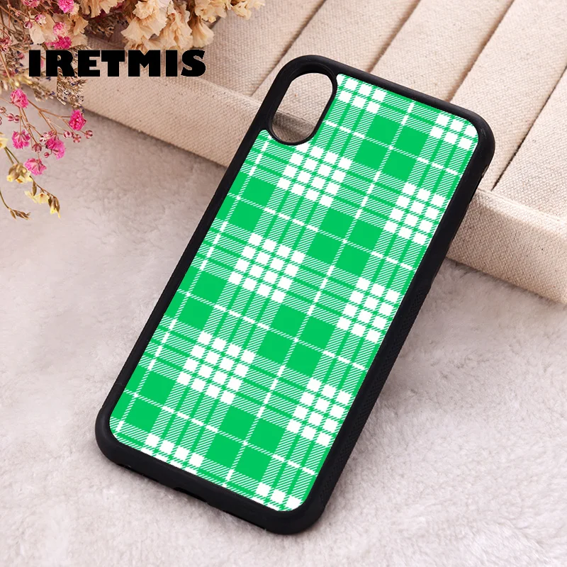 Iretmis Phone Cover Case For iPhone X XS Max XR 11 12 13 PRO MINI 14 15 16 Plus Rubber Silicone TPU GREEN PLAID