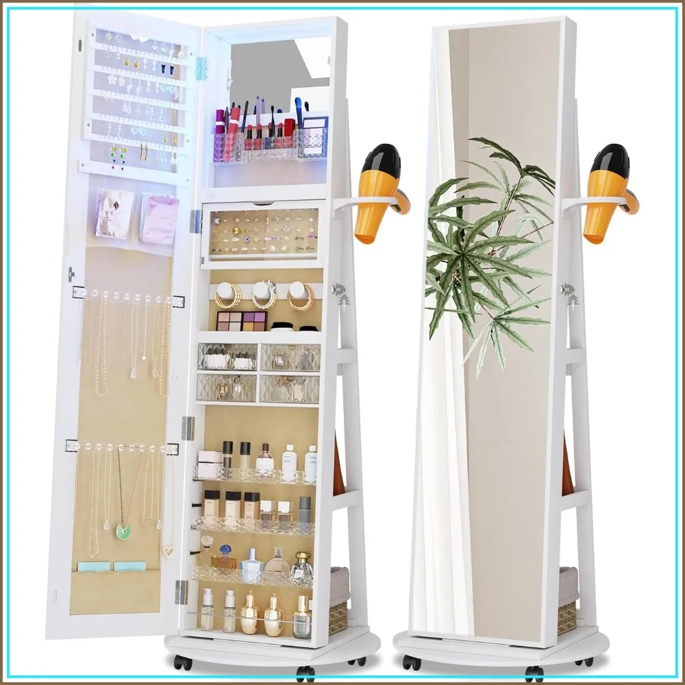 Full Length Mirror Jewelry Cabinet with Storage, 360 Rotating Lockable Armoire with Lights, White