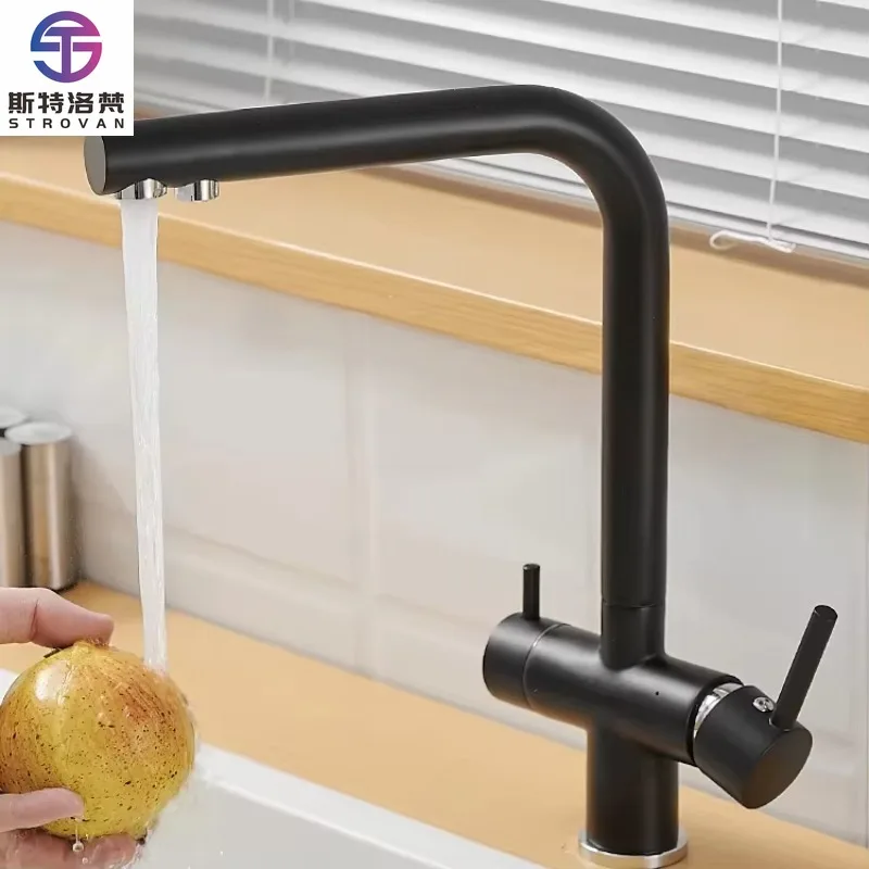 Matte Black Dual Handles Single Hole Hot Cold Drinking Filter Water 3 Way Kitchen Sink Faucet Mixer Tap with Jet Sprayer