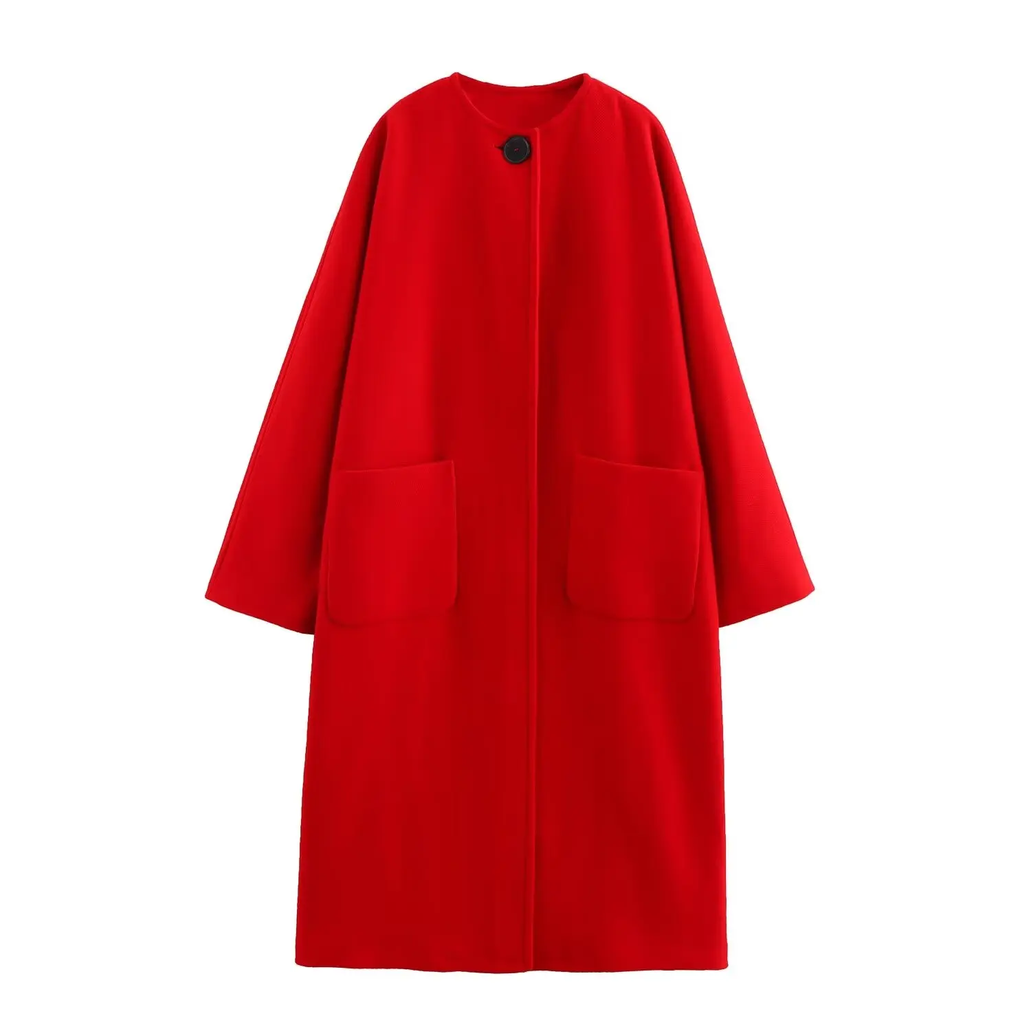 

TRAFZA Women's Red Fashion Versatile Round Neck One-Button Wool Blended Coat Female Elegant Pocket Decorated Long Sleeve Jacket