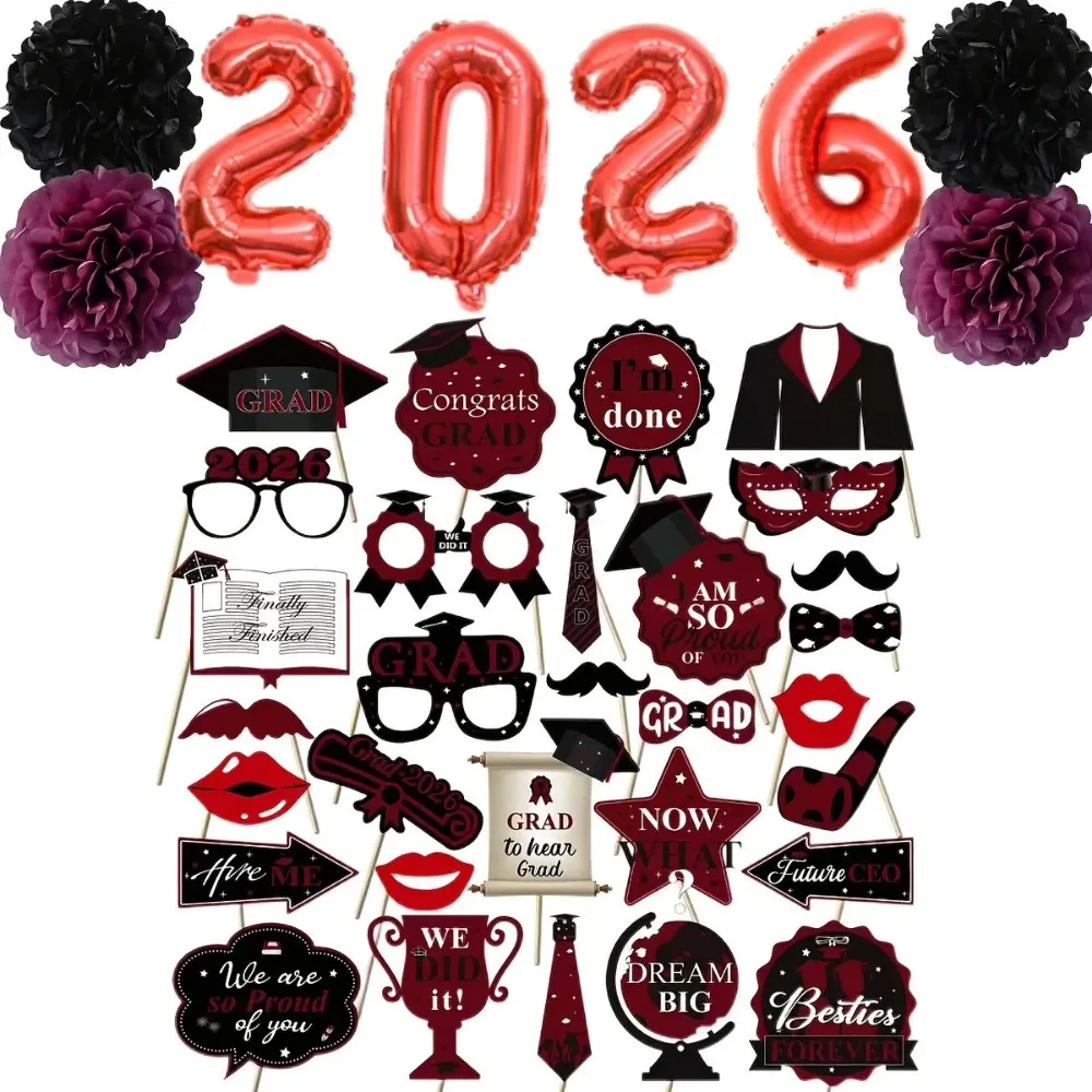 38Pcs Burgundy Graduation Photo Props 2026 Foil Balloons Tissue Pom Poms for Classroom Grad Party Selfie Decor Supplies