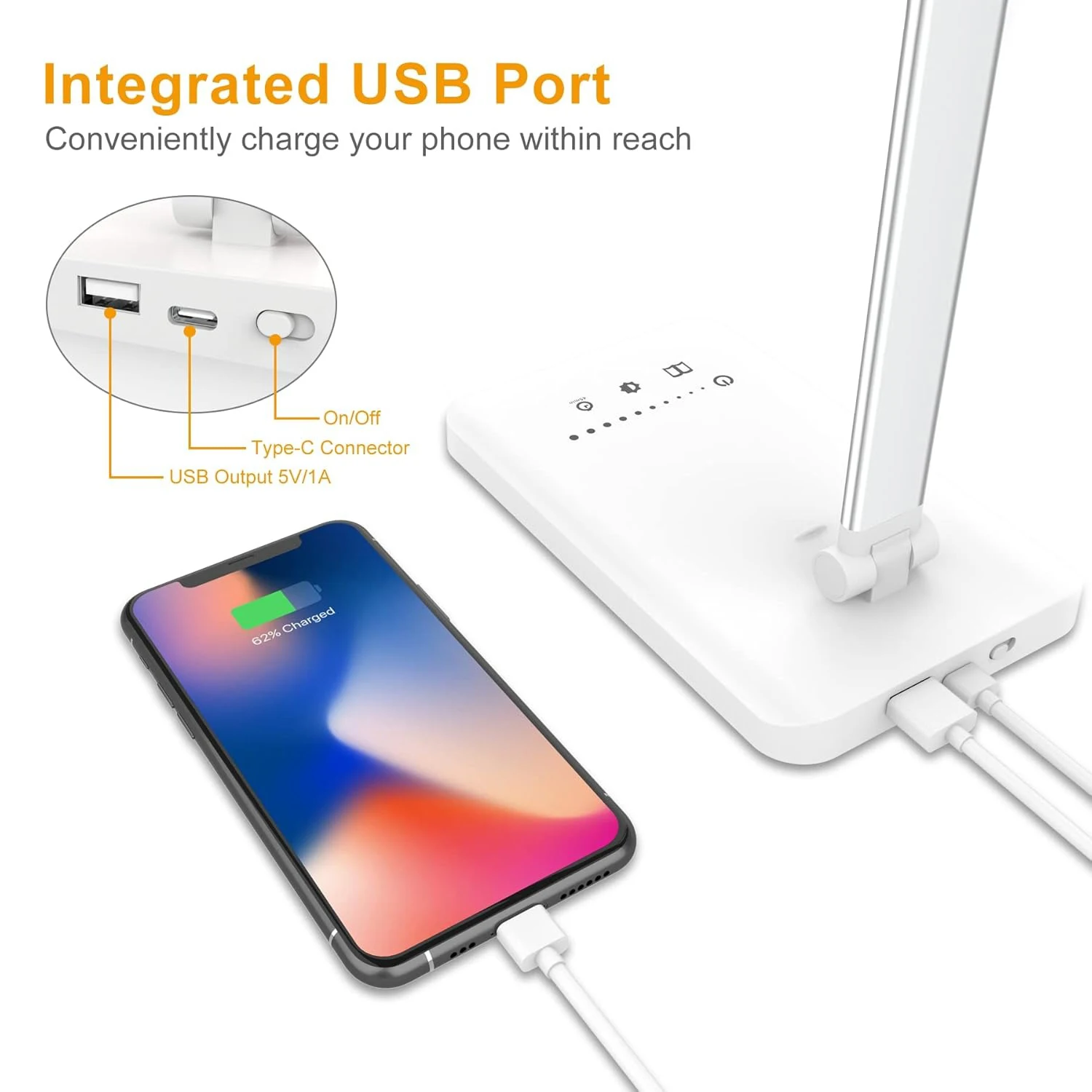 LED Desk Lamp Dimmable Table Lamp Reading Lamp with USB Charging Port, 5 Lighting Modes, Touch Control, 45 Minutes Timer