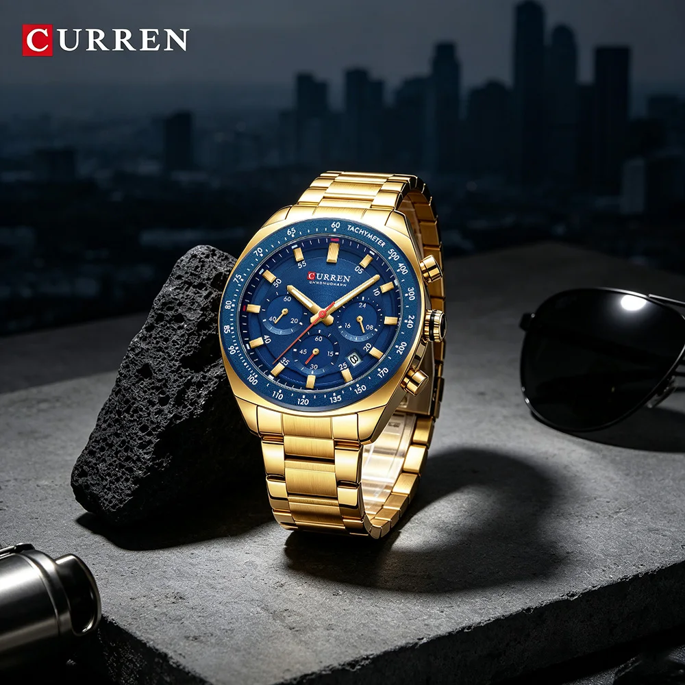 CURRERN 8497 Men's Chronograph Quartz Watch Luminous Hands Date Stainless Steel Band Luxury Business Sport Wristwatch Relógio