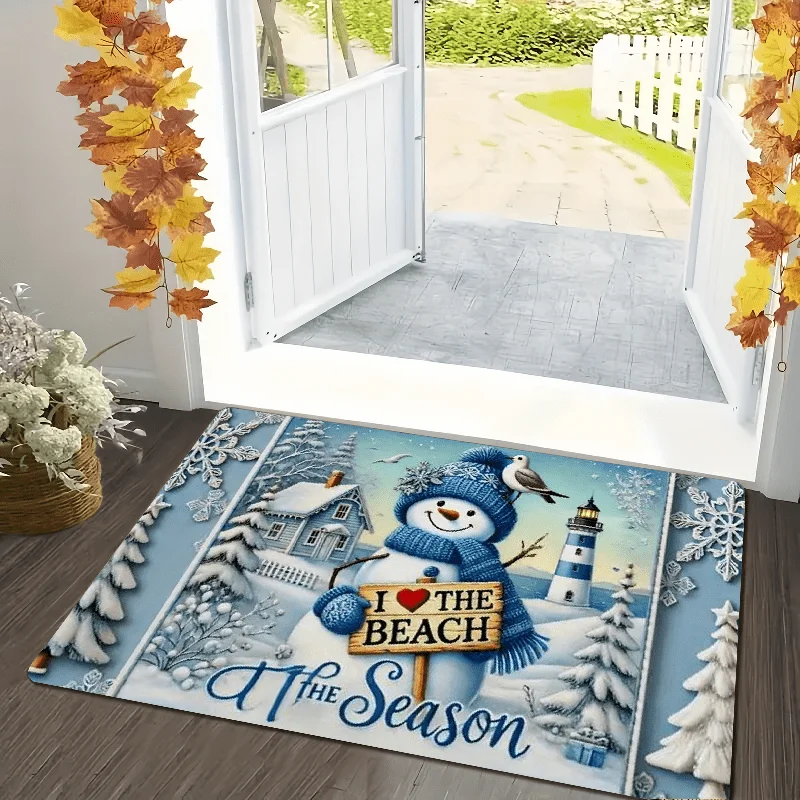 Coastal Winter Snowman Front Door Mat I Love The Beach At The Season Lighthouse Seagull Snow Tree Snowflake Holiday  Doormat