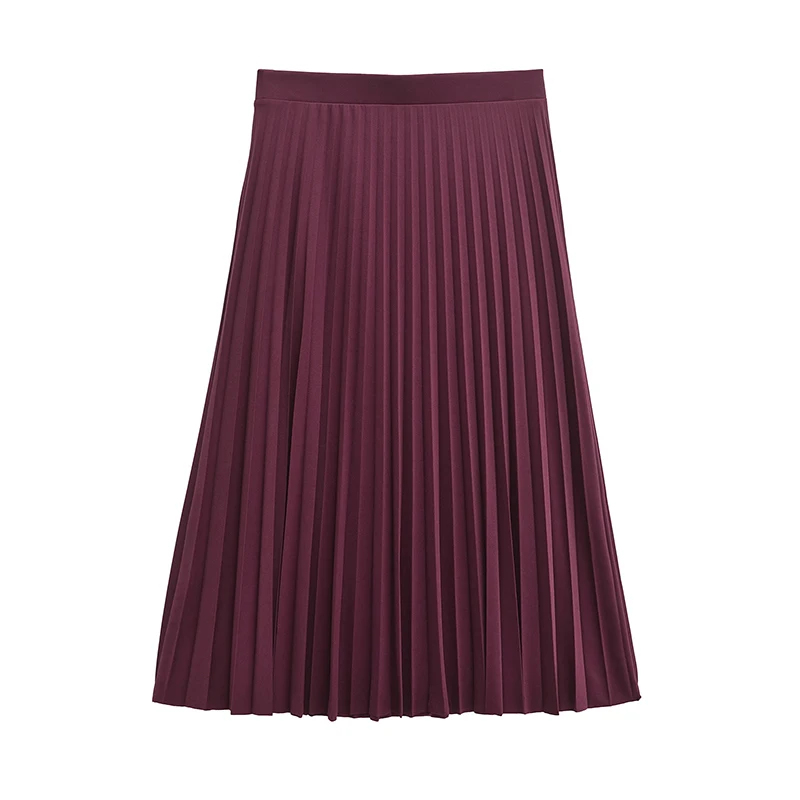 YENKYE Women Wine Red High Waist Pleated Midi Skirt Office Wear Elegant faldas mujer