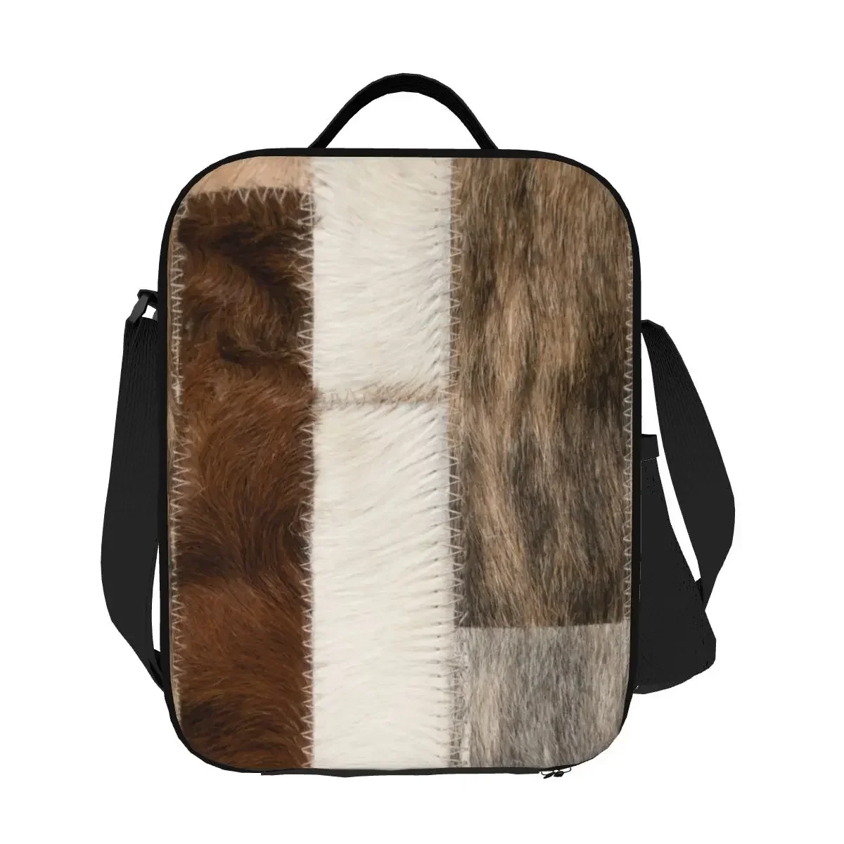 

Cowhide Modern Decor Patches Portable Lunch Box for Leather Animal Fur Cooler Thermal Food Insulated Lunch Bag Kids