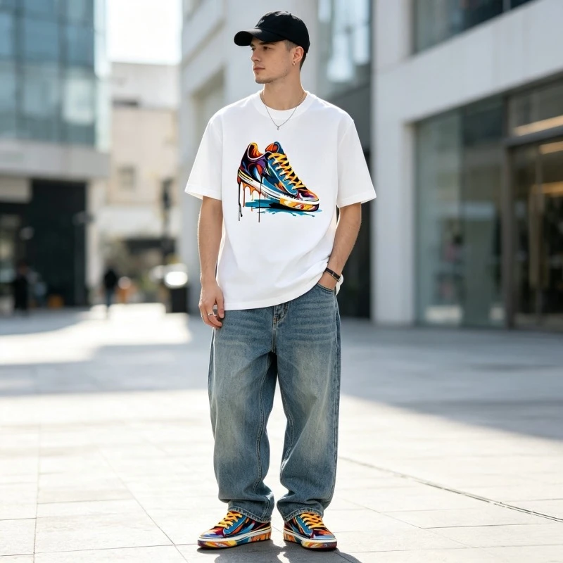 Personalized Trendy Sneakers Summer Men's Cotton Casual Novelty Trend Tees Graffiti Printed Loose Round Neck Short Sleeve Tshirt