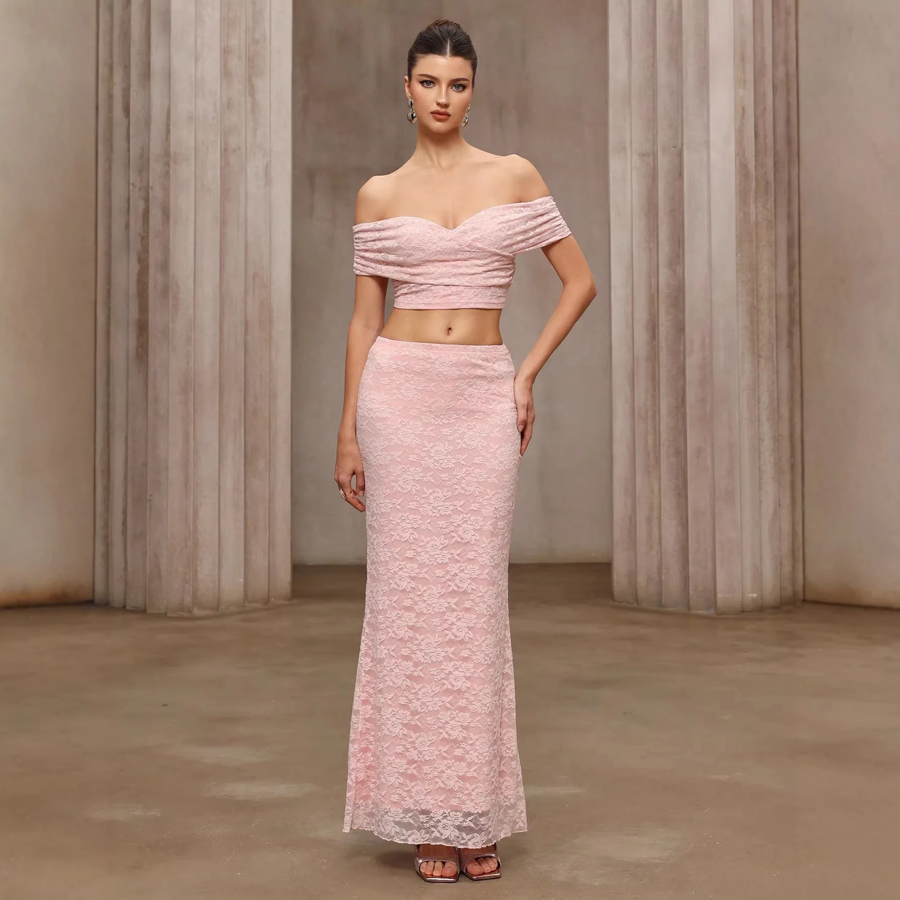 

Sexy Lace Off Shoulder Top and Skirt Set Evening Dress Matching Sets