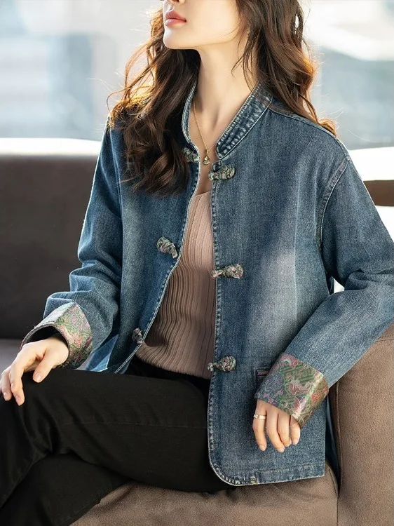 New Chinese Style Women's Denim Jacket 2026 Spring Autumn Popular Top Polyester Fiber 100% Short Outerwear for Ladies