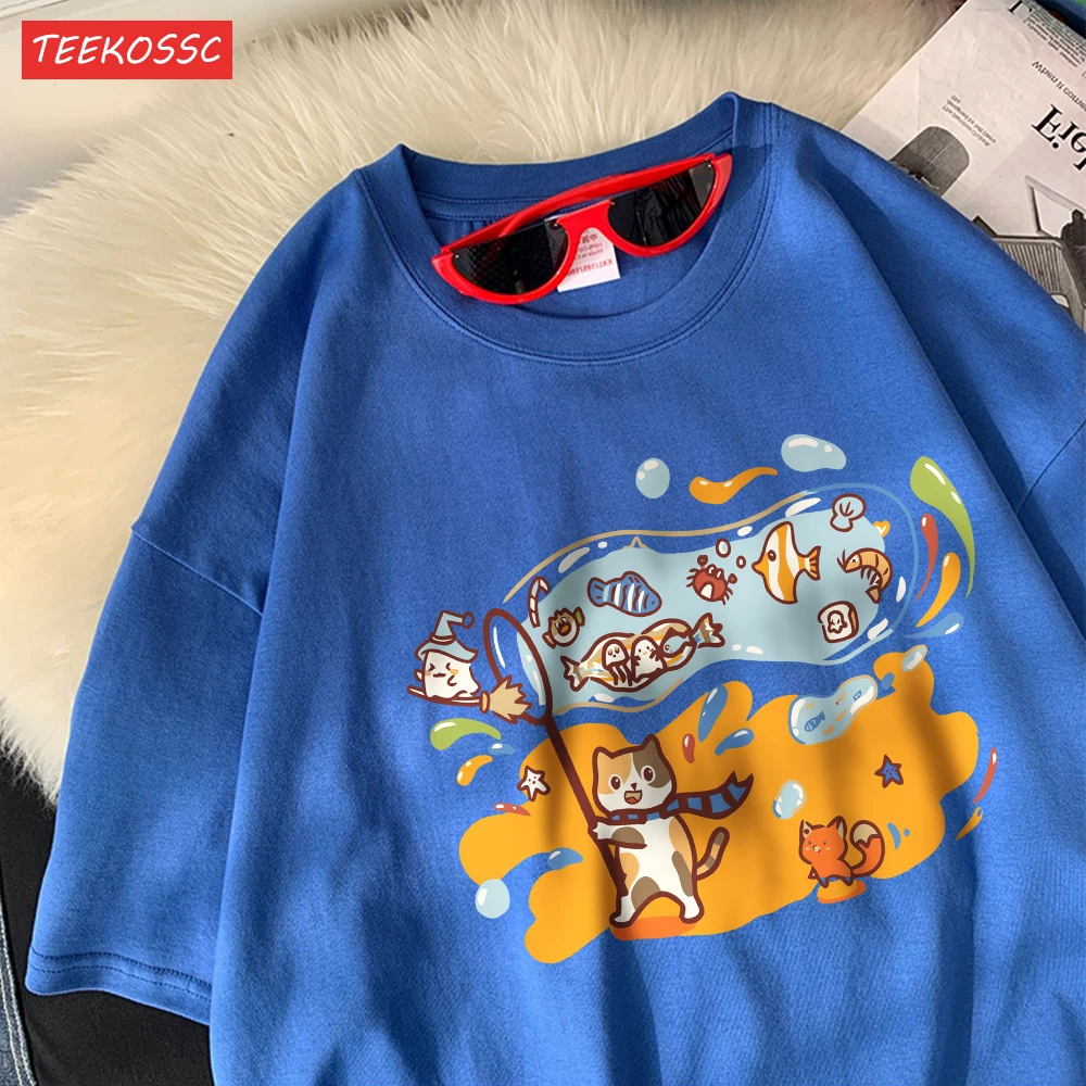 Mała rybka w ogromnej bąbelkowej bawełnie koszulki damskie kreskówki topy z nadrukiem O-Neck miękka obszerna koszulka letnia odzież codzienna