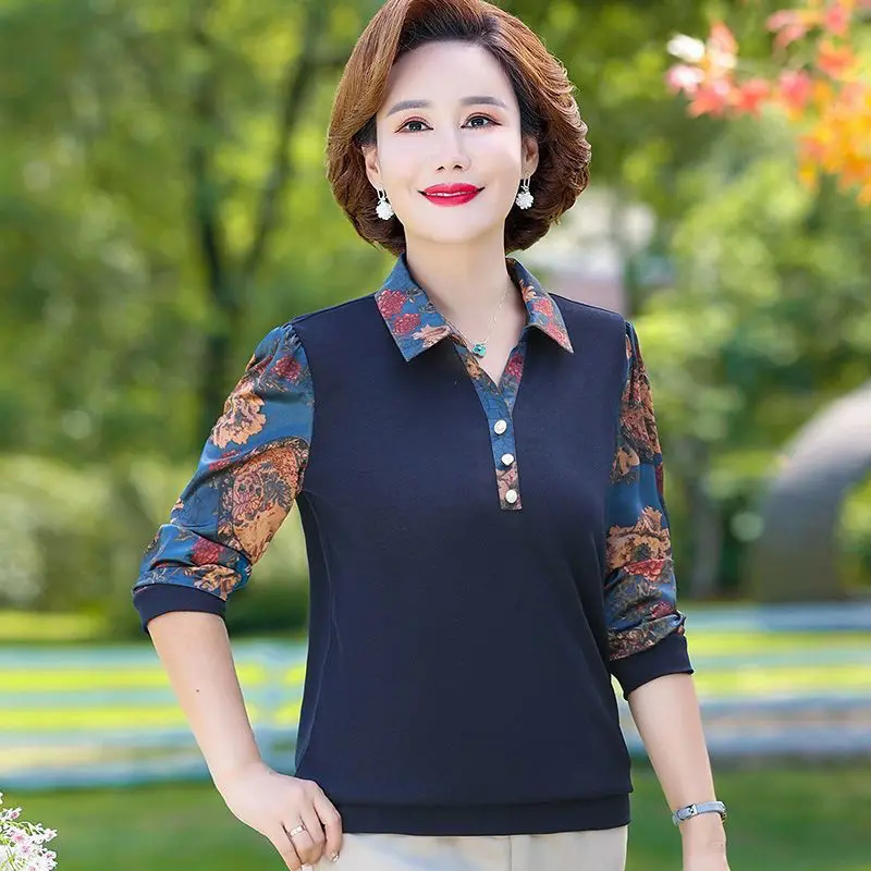 中高年向け長袖Tシャツ,ゆったりとしたトップス,スリムフィット,ラージサイズ,ハイエンドのママスタイル