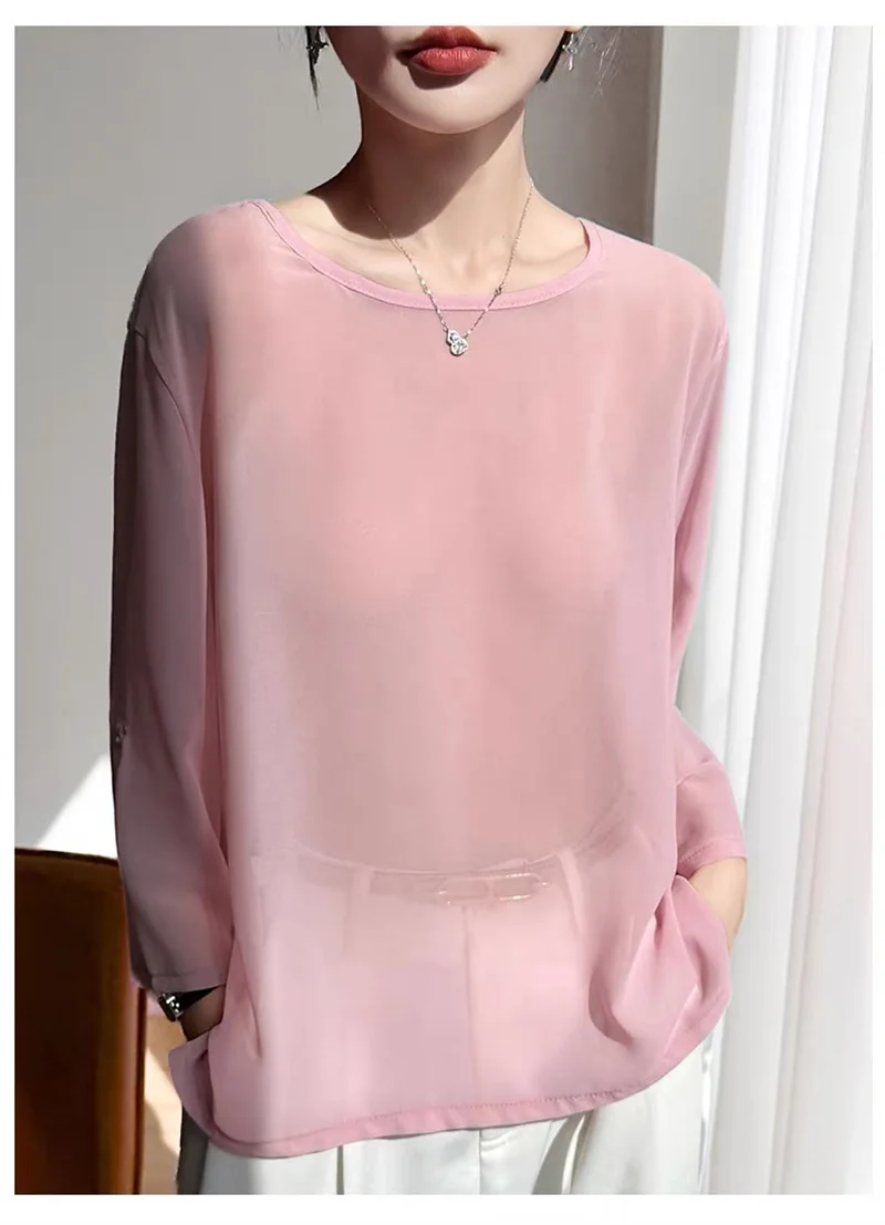 plus Size Black Chiffon Blouse Sexy See-through Women's Top Thin Spring Summer New 2026 Shirt for Ladies