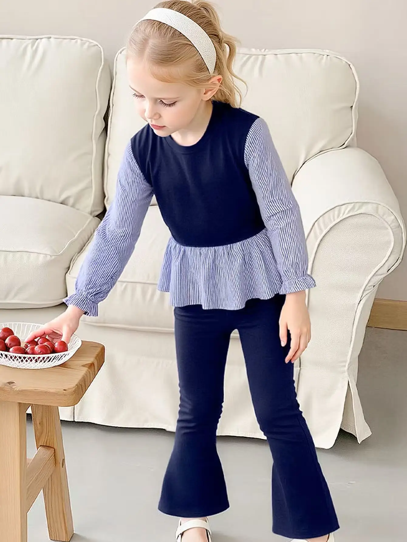 

Girls Spring Autumn Outfit Layered Fake Two-Piece Long Sleeve Shirt + Slim Fit Flare Pants Two Piece Set for100-140cm