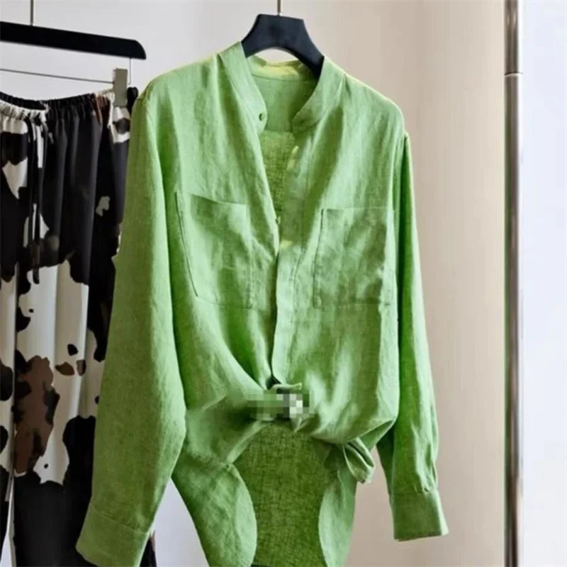 

2025 New Summer Double Pockets Cotton Linen Blouses Women Chinese Style Loose Thin Long Sleeve Womens Shirts