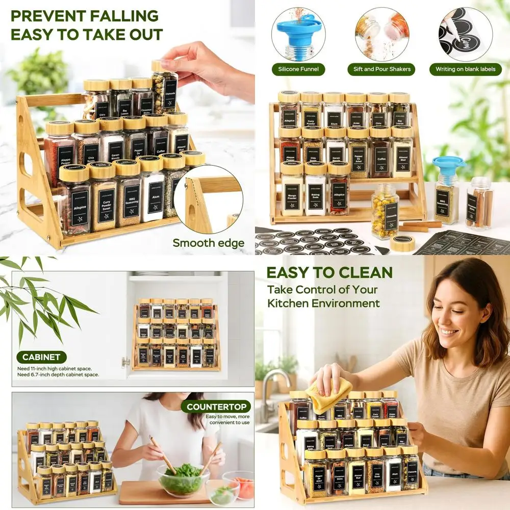 

Бамбуковая полка для специй на 18 банок с этикетками, деревянной полкой, маркером для мела и воронкой для кухонной столешницы