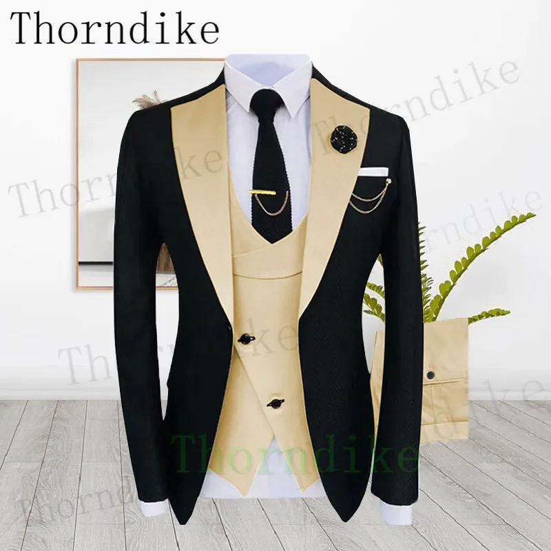 Thorndike Male Black Blazer Champange Vest Pant Custom Made Plus Size Man Formal Tuxedo New Arrival Fashion Wedding Suit For