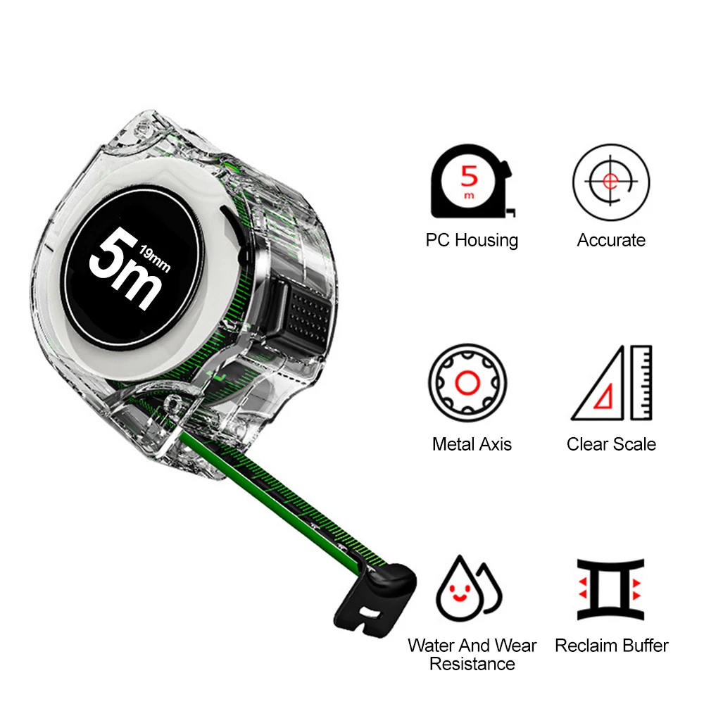 Fita métrica de alta precisão, cor fluorescente, régua dupla face com concha transparente, escala de eixo de metal