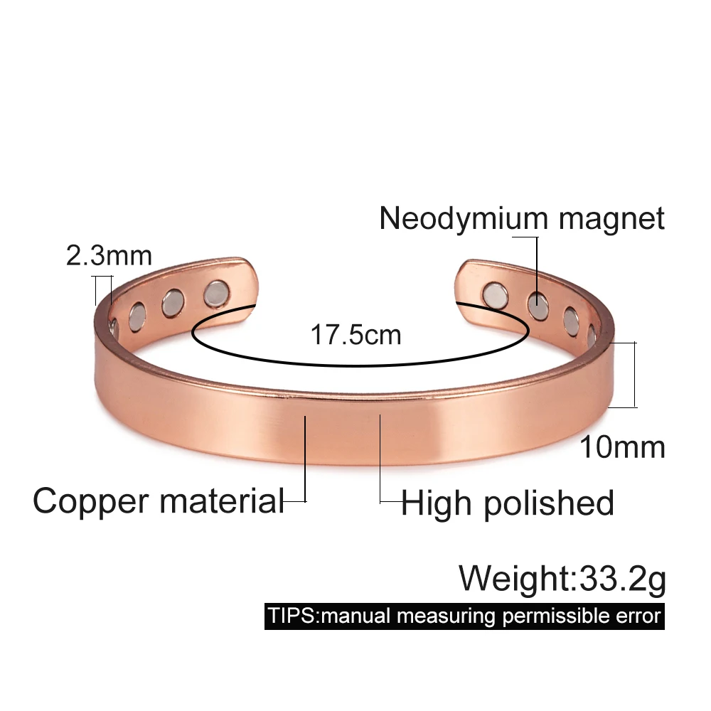 Vinterly Pure Copper Bracelets Magnetic Therapy Arthritis Shiny Adjustable High Magnets Open Cuff 10mm Bangles Resizable Jewelry