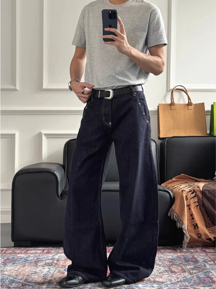 

Джинсы в стиле ретро-американский деним, оригинальные, цвета «бирюзовый нож», унисекс, повседневные, свободного кроя, широкие штанины, для пар