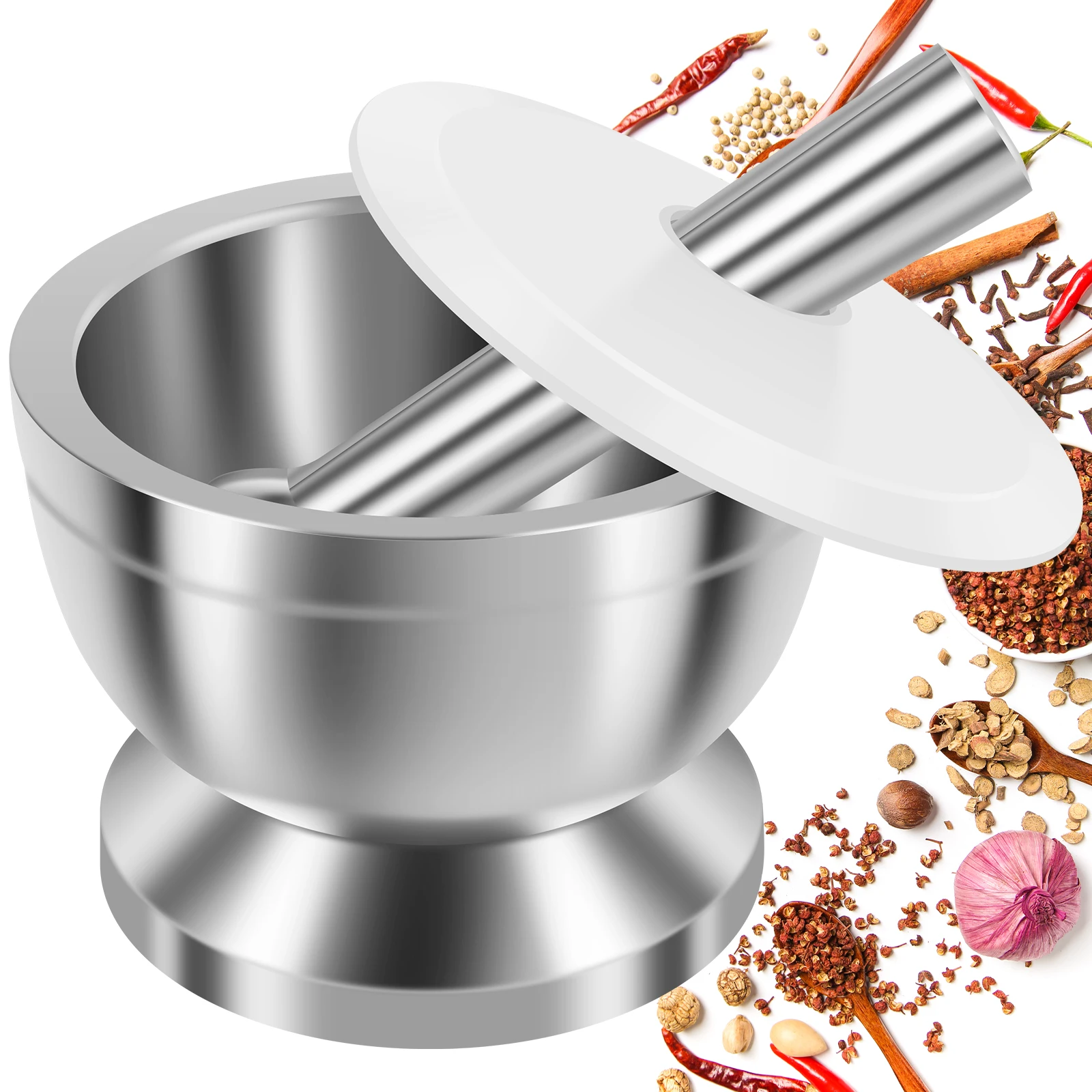 Stainless Steel Mortar and Pestle Set Kitchen Spice Grinder Pill Crusher with Lid Heavy Duty Pesto Powder Herb Bowl Kitchen Tool