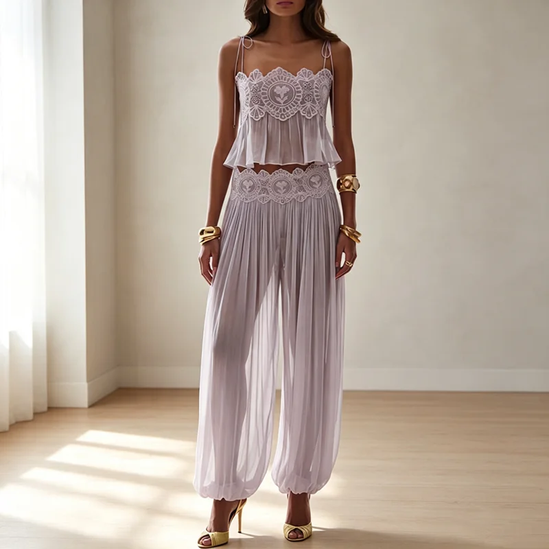 Boho Lace Trim 2 Piece Outfit Spaghetti Strap Crop Top High Waist Harem Pants 2pcs Set Women Summer Solid Beach See Through Suit view 5