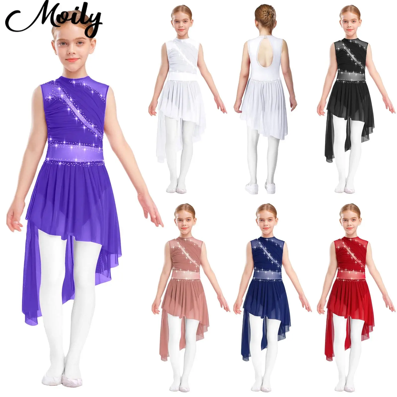

Sleeveless Lyrical Dance Dress for Girls Rhinestone Mesh Dress Ballet Contemporary Skating Dance Wear Kids Performance Clothing