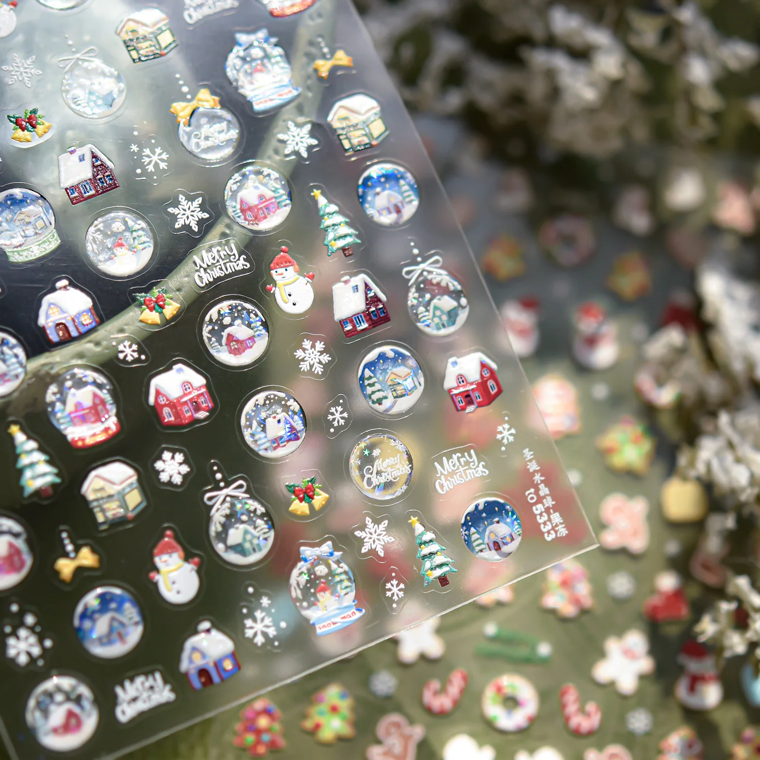 สติกเกอร์ติดเล็บลายนูน 5 มิติ ลายคริสต์มาสฤดูหนาว มนุษย์ขนมปังขิง ลูกบอลคริสตัล ตกแต่งเล็บ 3 มิติ สติกเกอร์ตกแต่งเล็บปีใหม่
