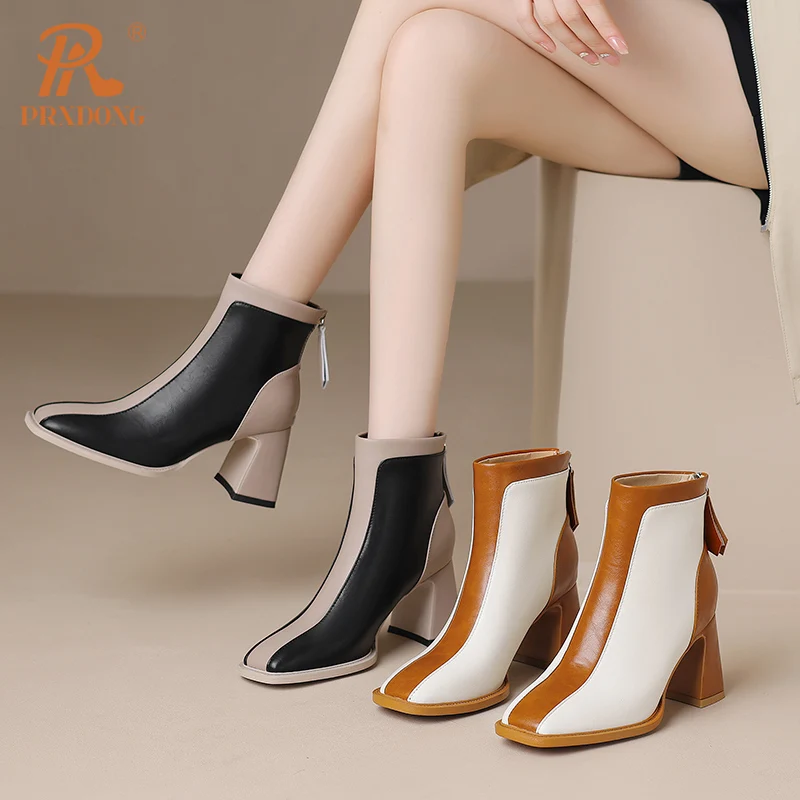 PRXDONG Genuine Leather Autumn WInter Warm ANkle Boots Square Heels Black Brown Zipper Dress Party Office Lady Shoes Size 34-39