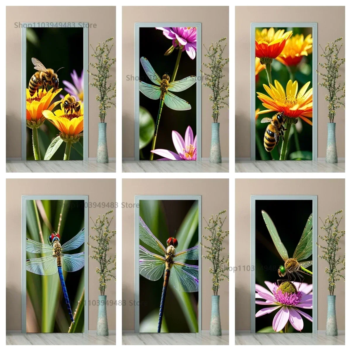 Insect Series Bees Dragonflies Ladybird Art Door Poster Waterproof Self-Adhesive Mural Sticker for Full Doors Decals Home Decor