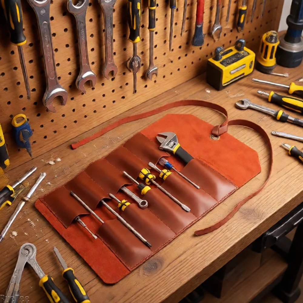 

PU Leather Vintage Roll Up Tool Bag with Rope for Electrician Tools Tool Organizer Wrench Screwdriver
