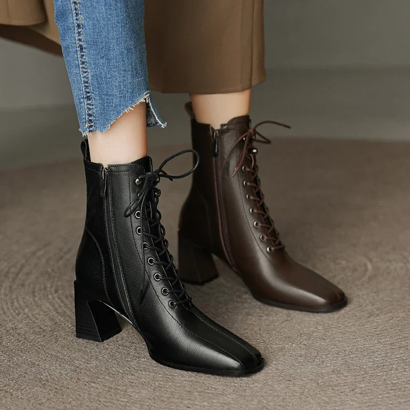 Victorian Style Ankle Boots for Women Square Toe Heel Short Boots Zipper and Lace Up Woman High Heels Retro Elegant Ladies Boots