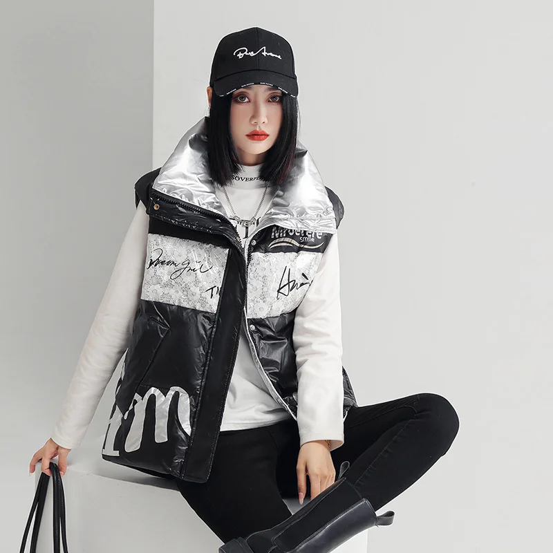 2022 Down Vest Jacket Women Autumn Winter Patchwork Letter Print Stand Collar White Duck Down Waistcoat Lady Outerwear Tank Tops