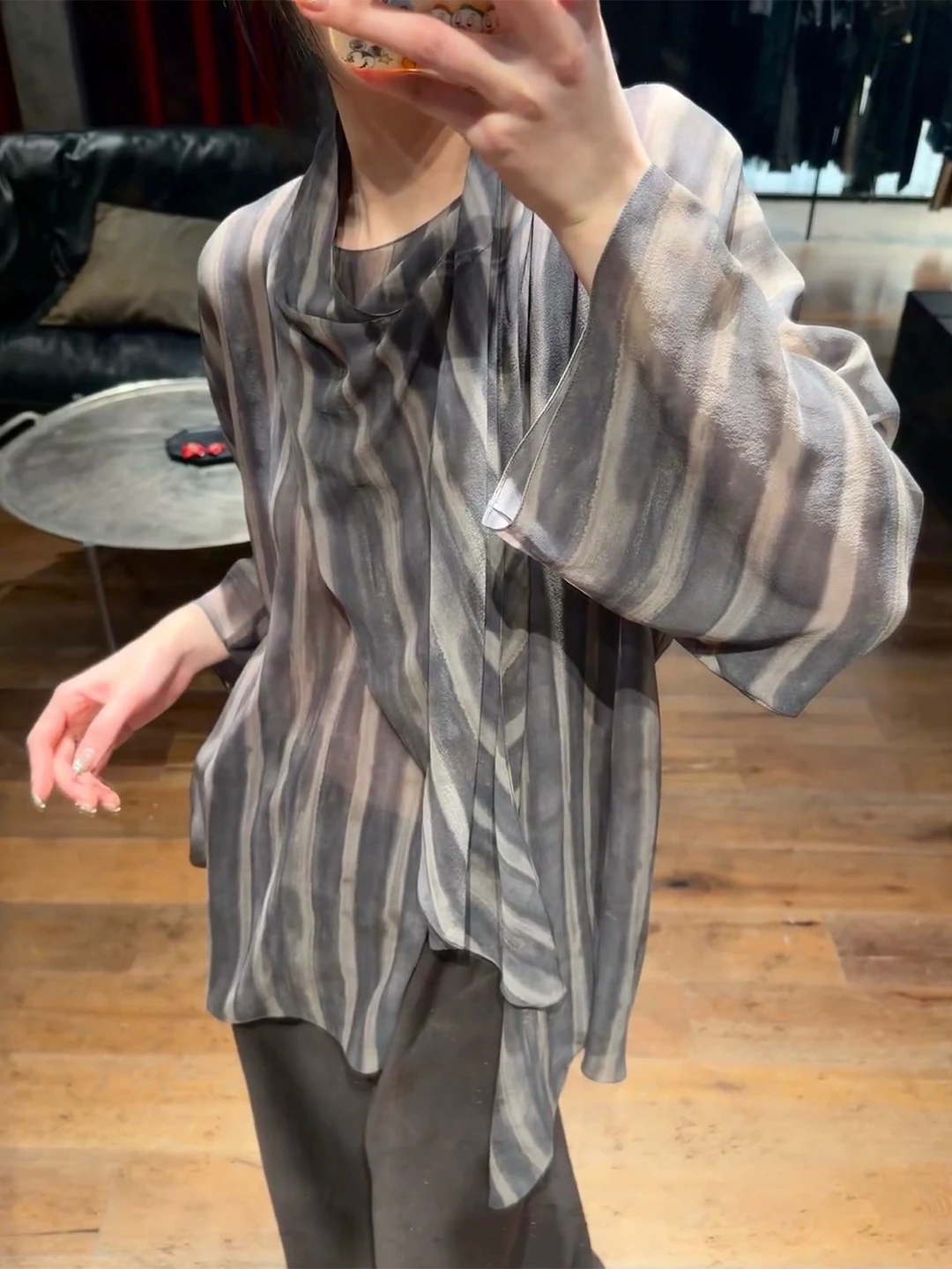 Spring Summer 2026 Women's Silk Scarf Style Wrap Overhead Shirt Casual Loose Fit Long Sleeve Stripe Patterned Fashionable