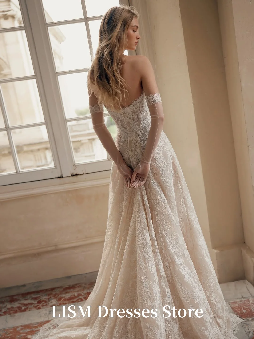 LISM فساتين زفاف فاخرة على شكل قلب على شكل حرف a بأكمام طويلة من الدانتيل الحريري أنيقة طويلة زي العرائس مخصص رداء السهرة #3