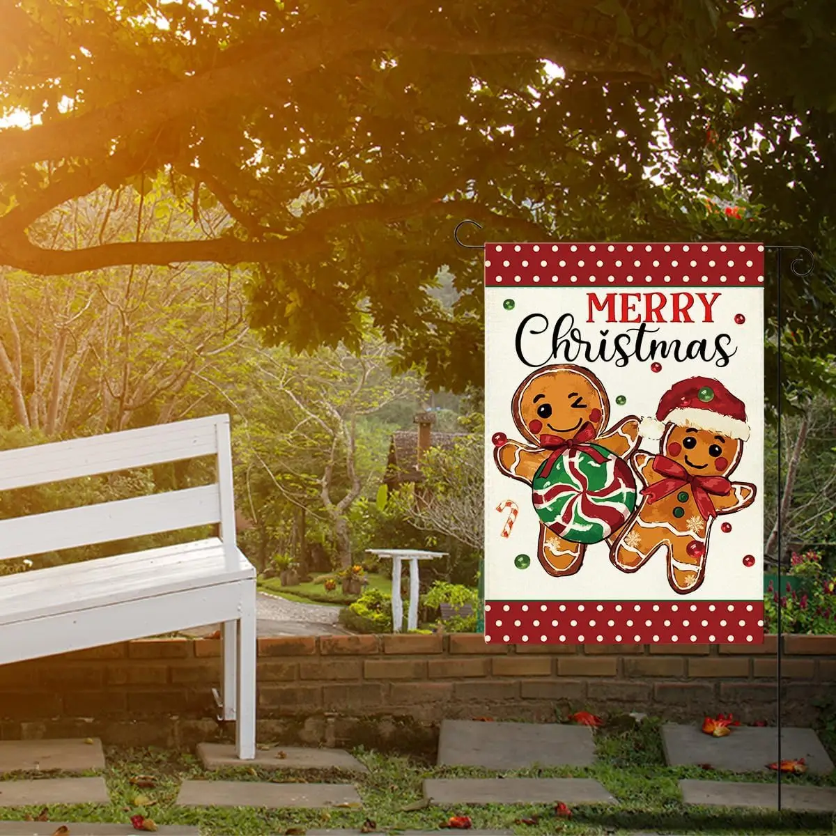 Merry Christmas Gingerbread Garden Flag Xmas Winter Holiday Outside Outdoor Lawn Decorations Yard Flag 12x18 Inch Double Sid LLG