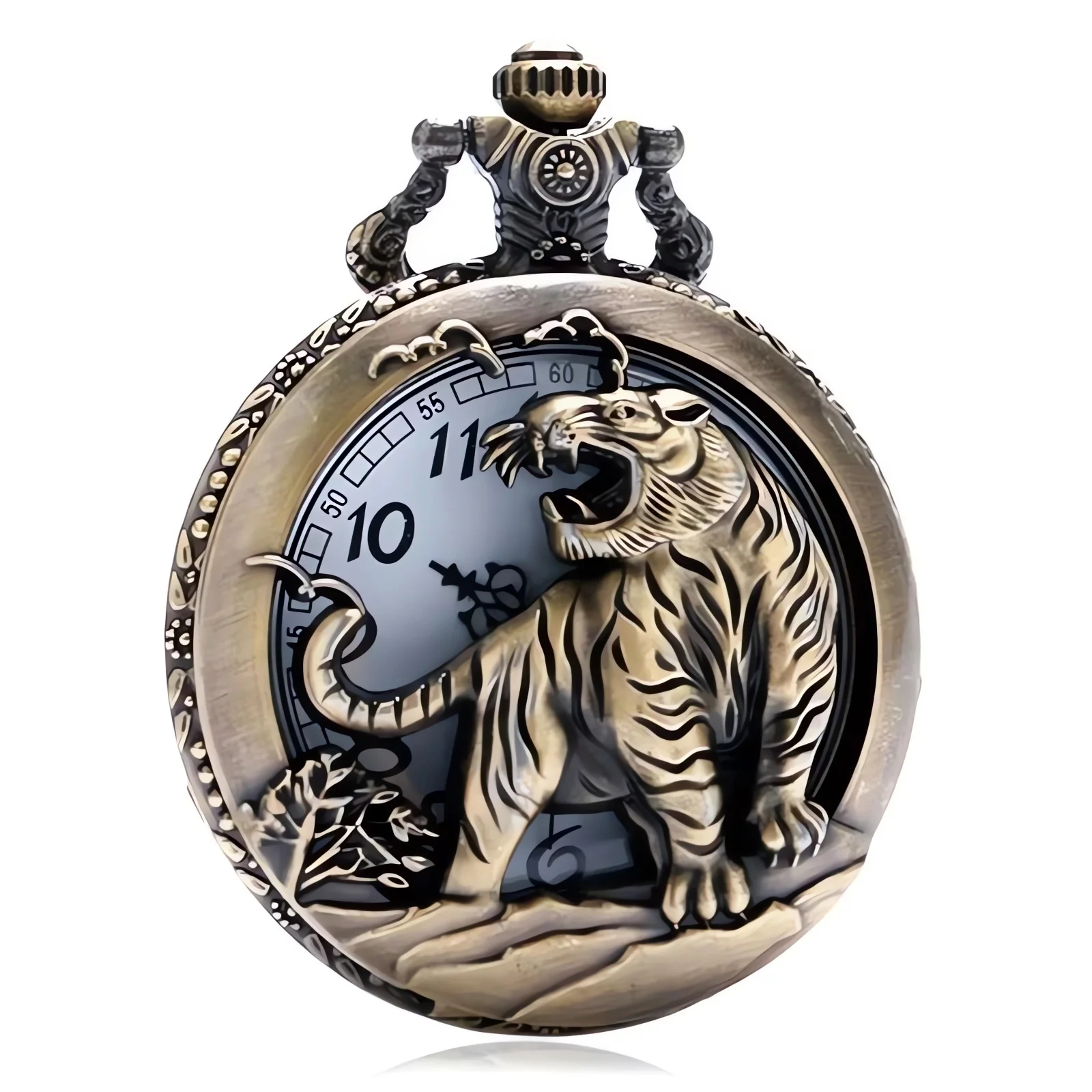 

Bronze Tiger Hollow Quartz Pocket Watch Clock Necklace Pendant Unisex Vintage Style Jewelry Gift
