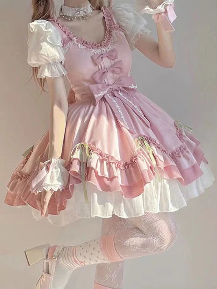 

Lolita Japanese Kawaii Dress Women Summer Sweet Pink Bow Ball Gown Mini Dress Fashion Ruffles Patchwork Lady Party Vestidos New