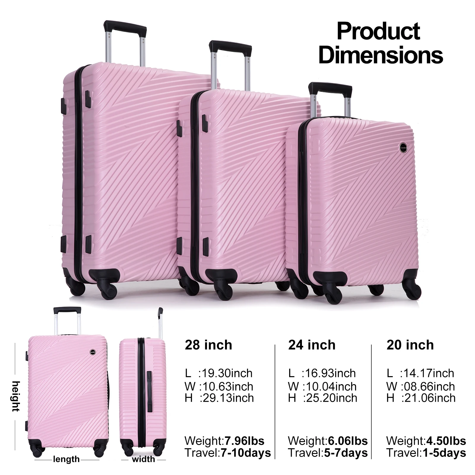 Ensemble de bagages Hardshell avec roue tournante, valises élaborées, bagage à main léger, 20 po, 24 po, 28 po, 3 pièces