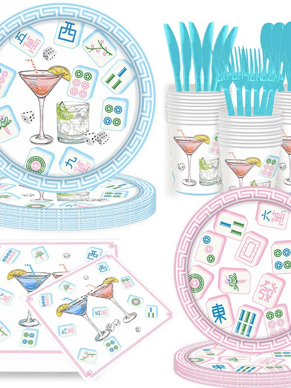 juego-de-vajilla-biodegradable-para-fiestas-con-tematica-de-mahjong-platos-vasos-tenedores-y-cucharas-desechables-de-papel