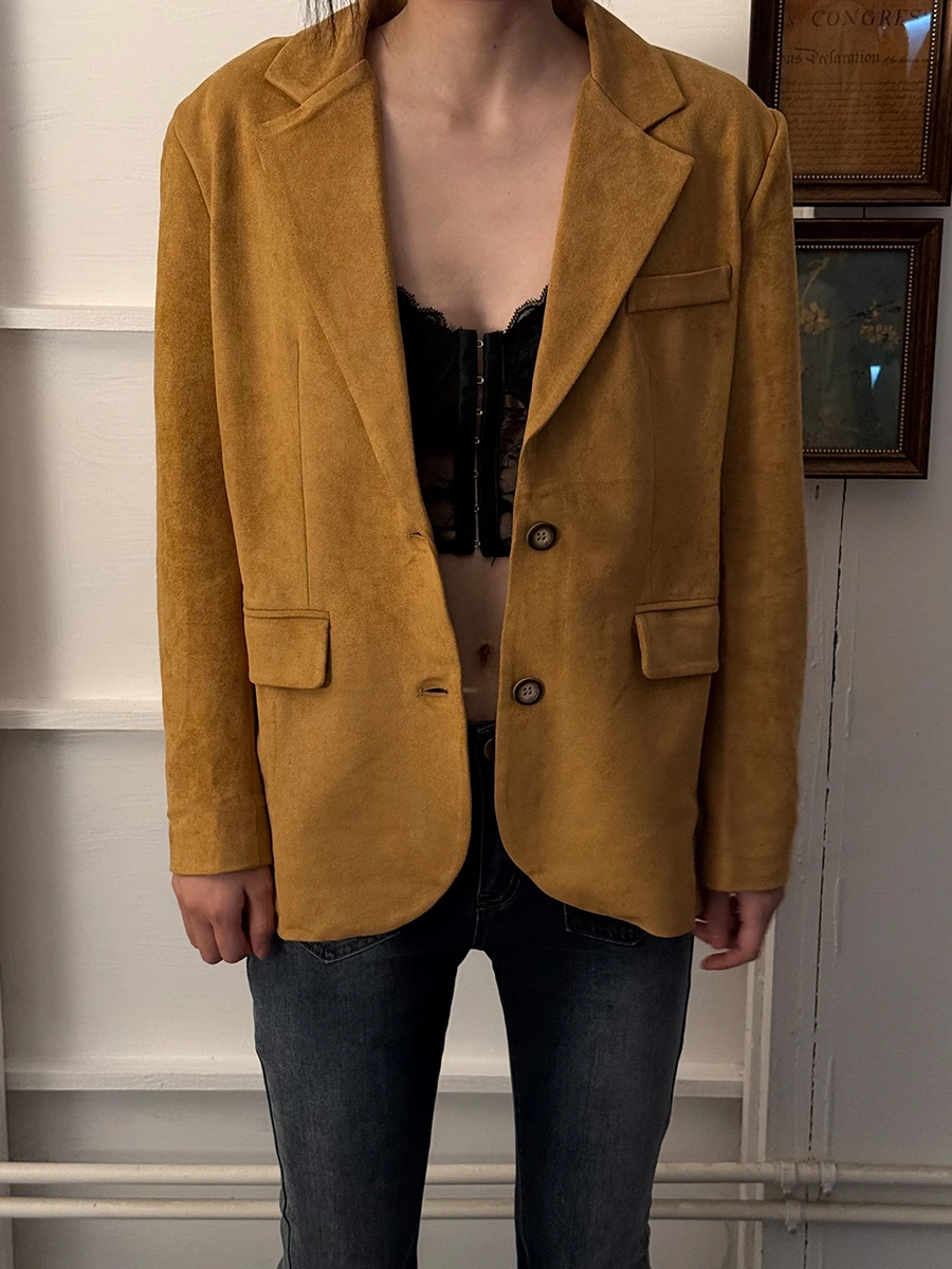 

Vintage Tang American Sle Loose Fit Single Button Brown Yellow Women's Suit Jaet Street Sle Polyester Spandex Blend