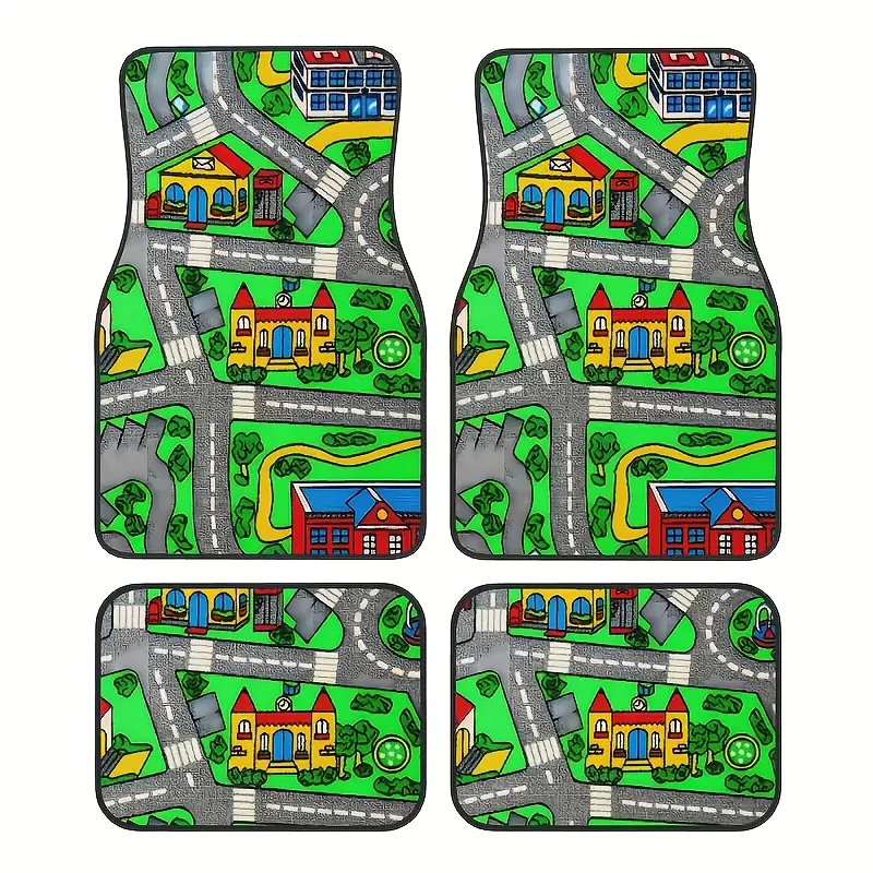 4pcs 90s Retro Racing Floor Mats - Durable Polyester All-Weather Car Mats, Suitable For All Models - Vibrant Neon Cityscape Desi