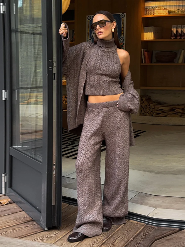 

Модный однотонный женский вязаный комплект с длинными брюками, элегантный вязаный кардиган с длинными рукавами, широкие брюки, костюм, осенние жилеты, комплект из 3 предметов