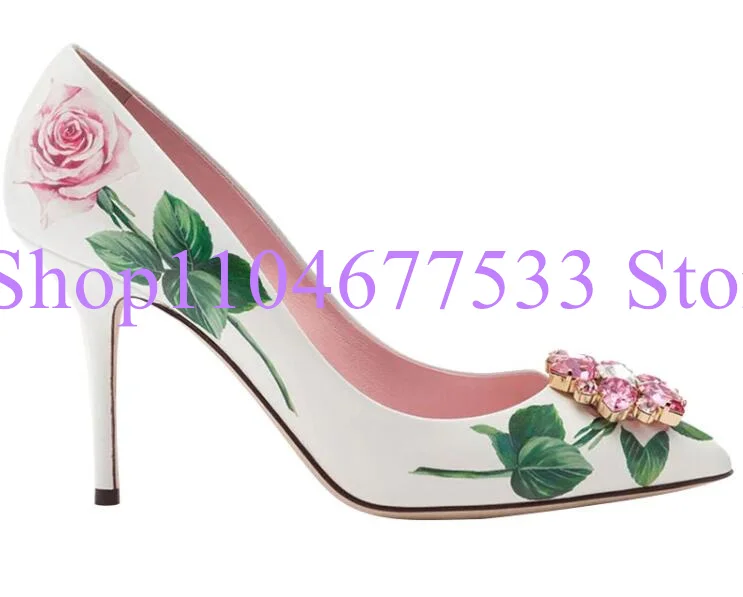 

New Printed Flower Crystal Lady Pumps Shoes Fashion Thin High Heel Sandals Woman Sexy Leather High Heels Party Shoes