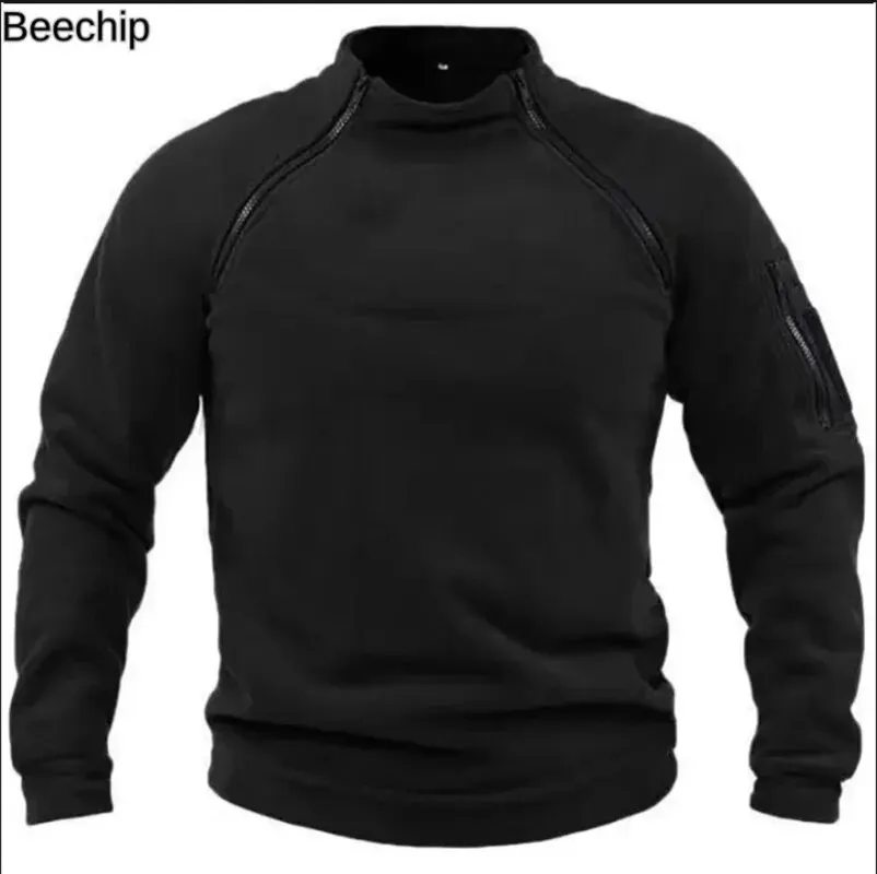Men\'s Outdoor Warm And Breathable Tactical With Zipper Design, Standing Neck, Long Sleeves, Thickened Solid Color Sweater