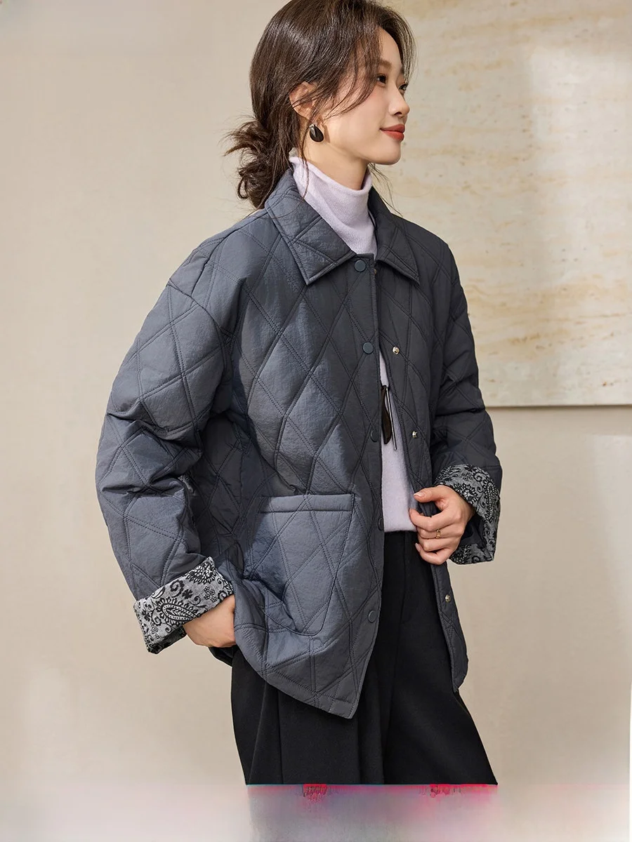 

Mo Han Mei Warm Patchwork Sve Cotton Jaet 2025 Winter New Faion Turn-down Collar Rhombus Texture Comfortable Cotton...