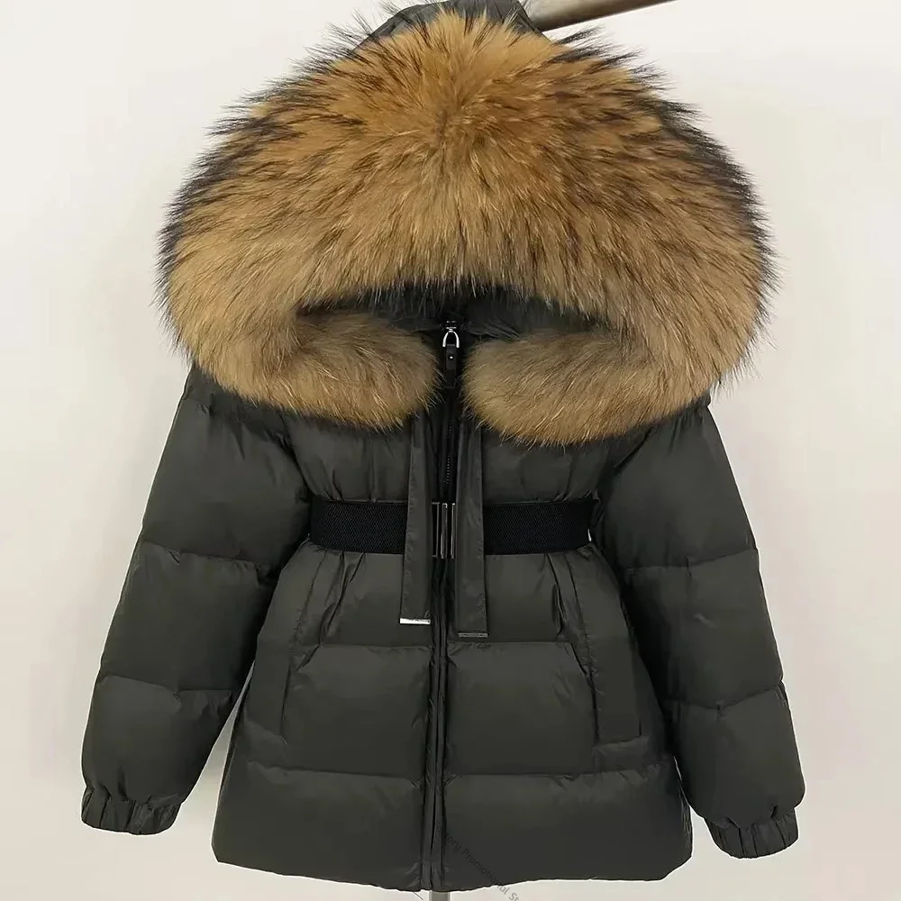 Women Short Puffer Parka Duck Down Feather Hooded Waterproof Outerweal Real Raccoon Fur for Cold Weather Everyday City Outfit