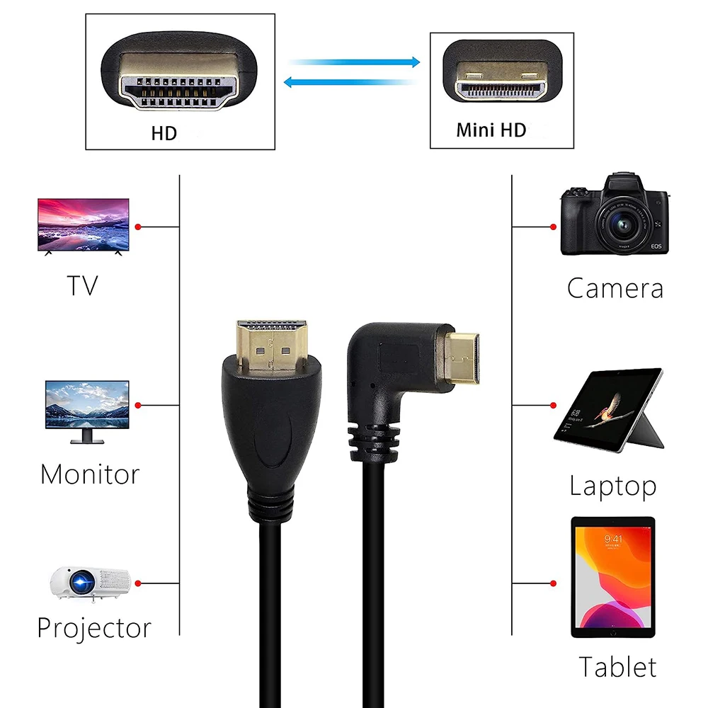 Mini-HD To HD Cable 90 Degree Up/Down/Left/Right Angled HD C Male to A Male Converter Cord for Camera Tablet Laptop Monitor HDTV