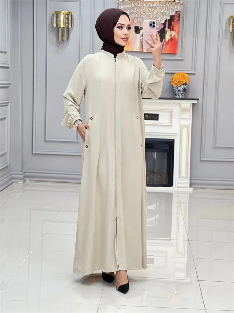 Eid Muslim Party Dress for Women Stand Collar Ramadan Abaya Long Dress Zipper Up Pocket Vestidos Largos Dubai Robe Jalabiya 2024