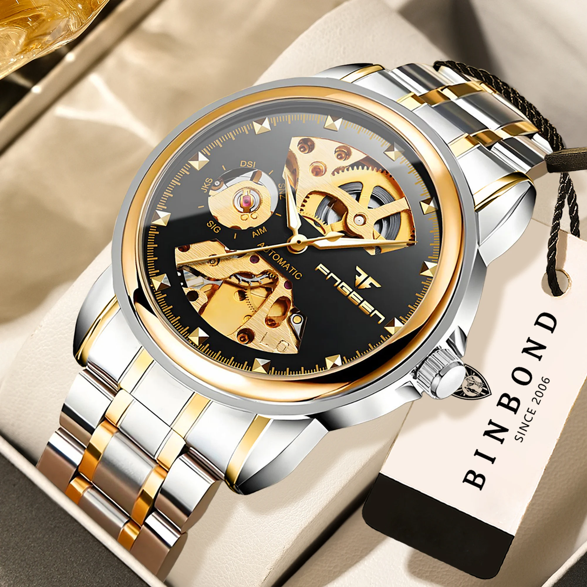 

BINBOND Luxury mechanical wristwatches for men luminous waterproof automatic tourbillon men's watch business skeleton reloj